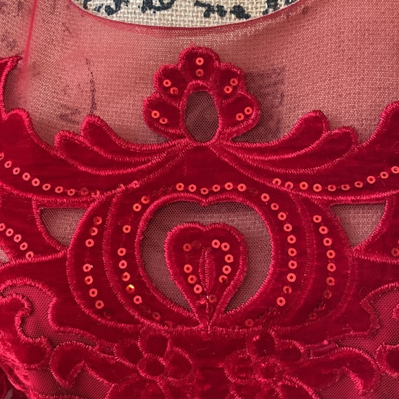 MARCHESA Notte Designer Velvet Sequin long sleeve dress red 6 8 sheer - Picture 3 of 11